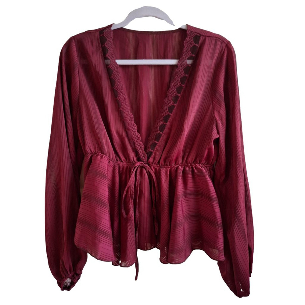 Women's Burgundy Tie-Front Peplum Blouse